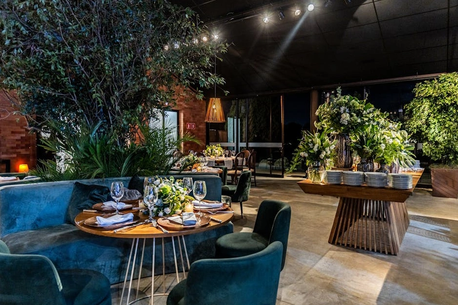 A vibrant photo of a bustling, modern restaurant interior with happy customers.